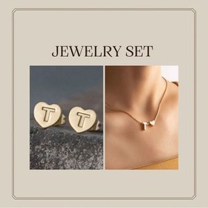 Heart Pendant Letter T Gold Earrings and Necklace Set